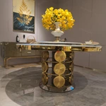 Wathet Marble Round Dining Table with Gold Stainless Steel Base